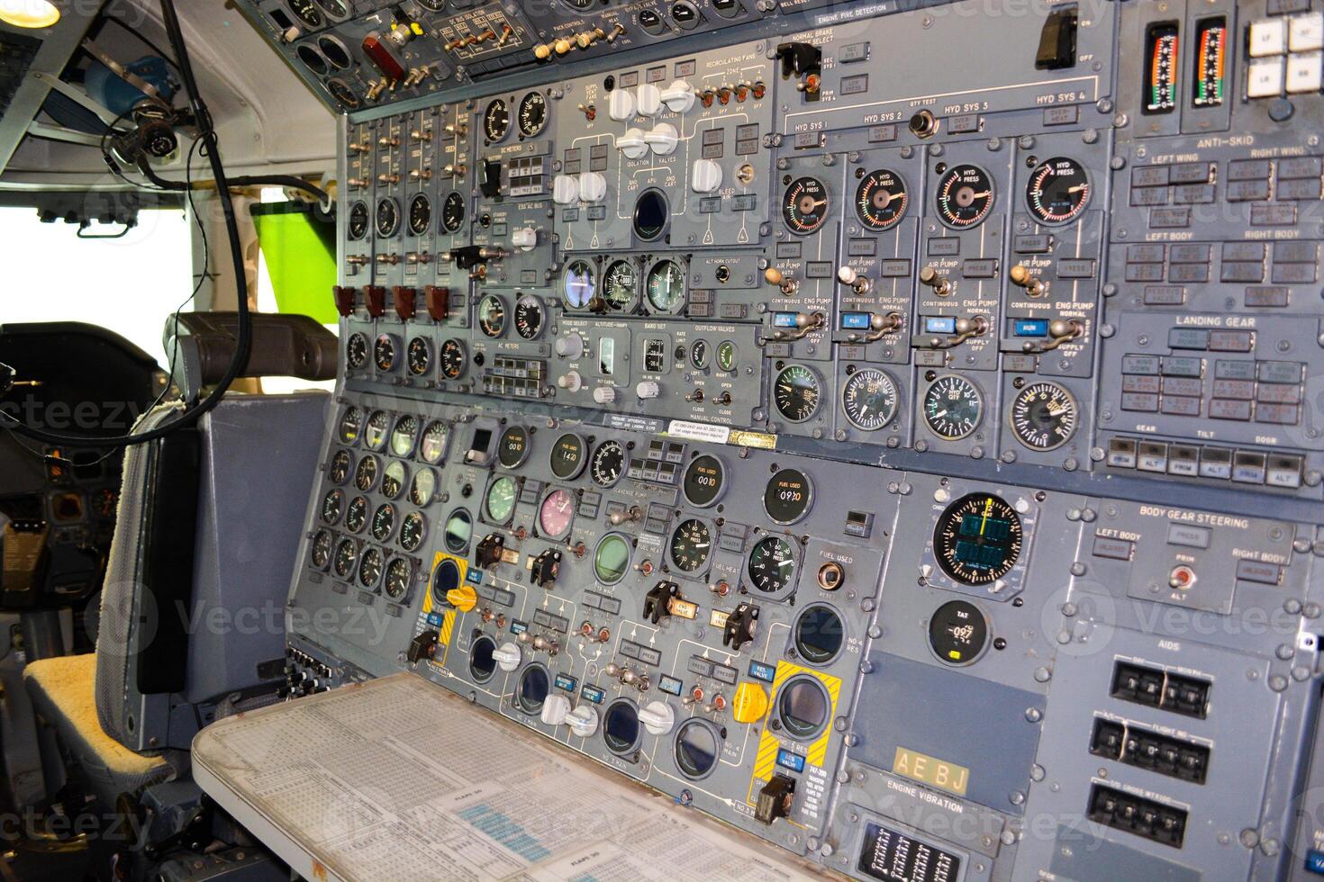 close up shot on helicopter console inside cockpit. Levers, parts and control buttons in the cockpit of an aircraft. photo