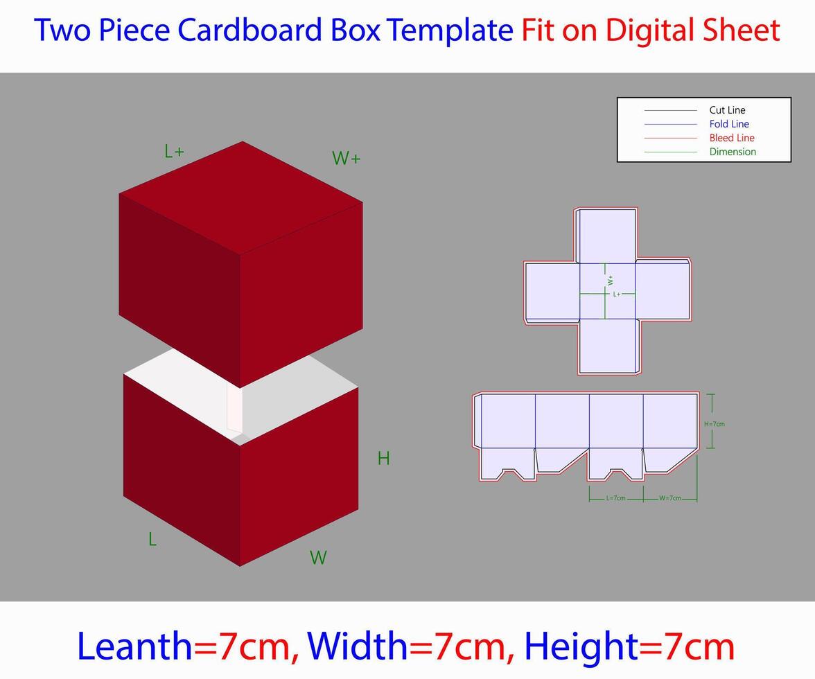 Two Picec Cardboard Box 7x7x7 cm Dieline Template vector