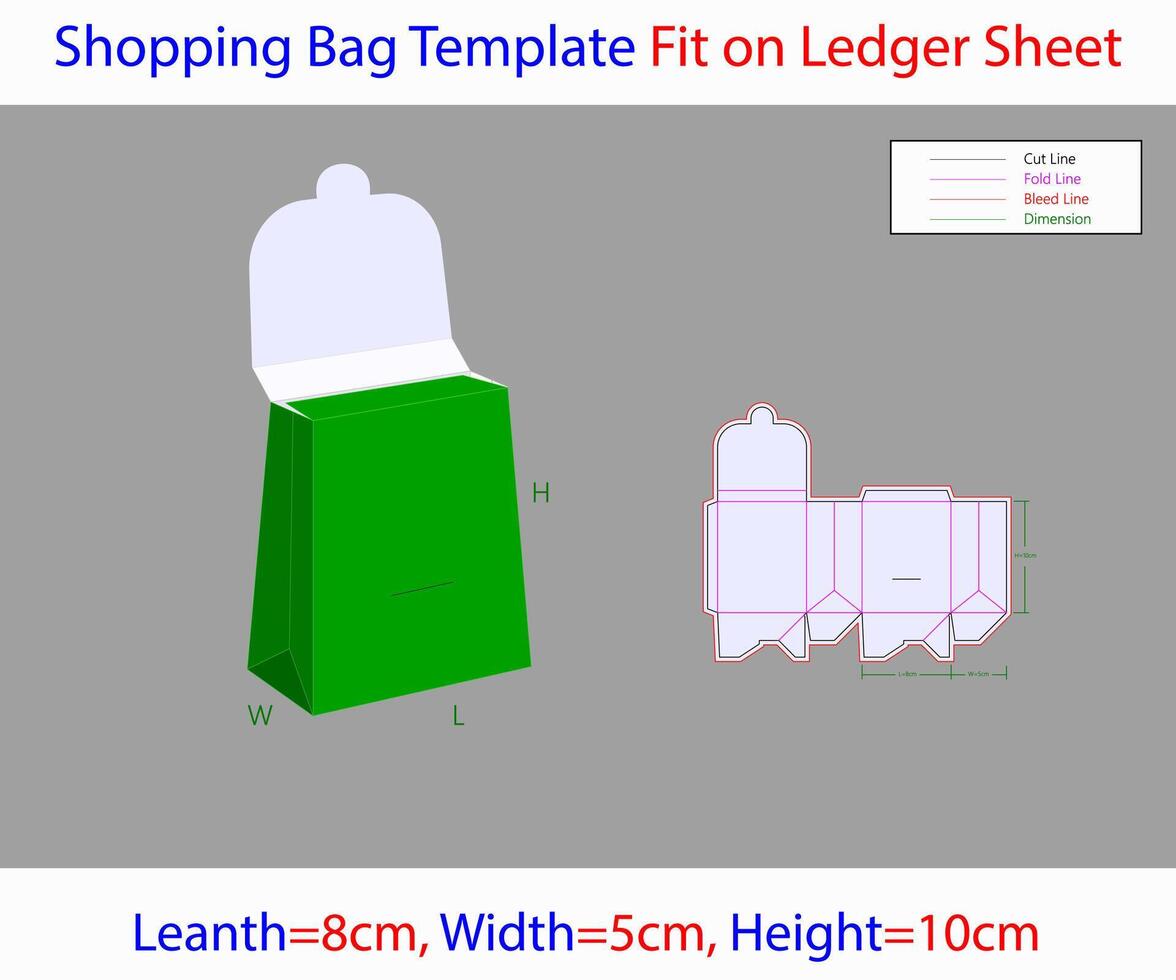 Auto Bottom Lock Shopping Bag 8x5x10 cm Dieline Template vector