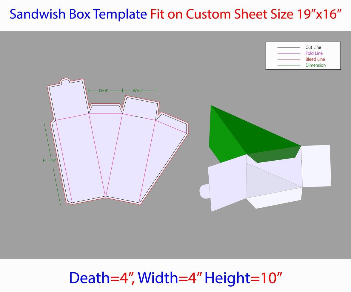Sandwish Box 4x4x10 inch Dieline Template vector