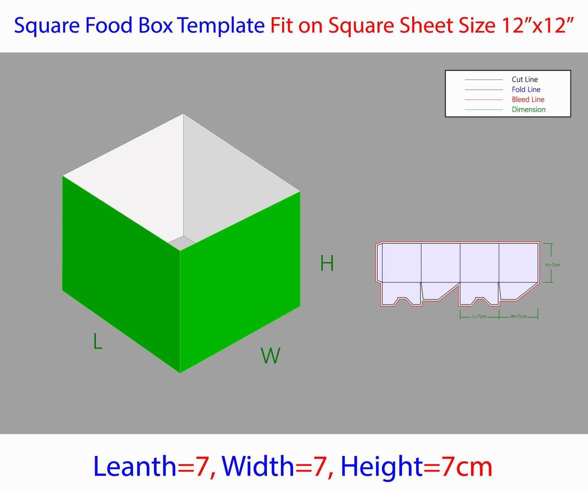 Square Food Box 7x7x7cm Dieline Template vector