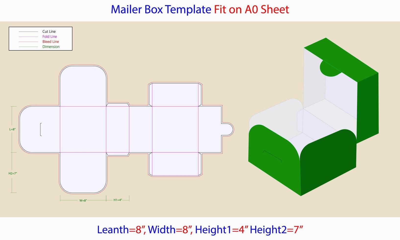 Simple Mailer Box L 8, W 8, H1 4, H2 7 inch Dieline Template vector