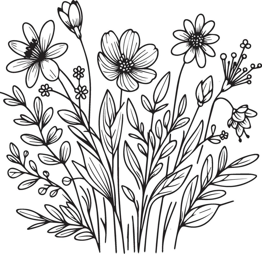 spring flower illustration, beautiful flower bouquet, hand-drawn coloring pages and book of artistic, blossom flowers spring, engraved ink art, spring flower tattoo designs vector