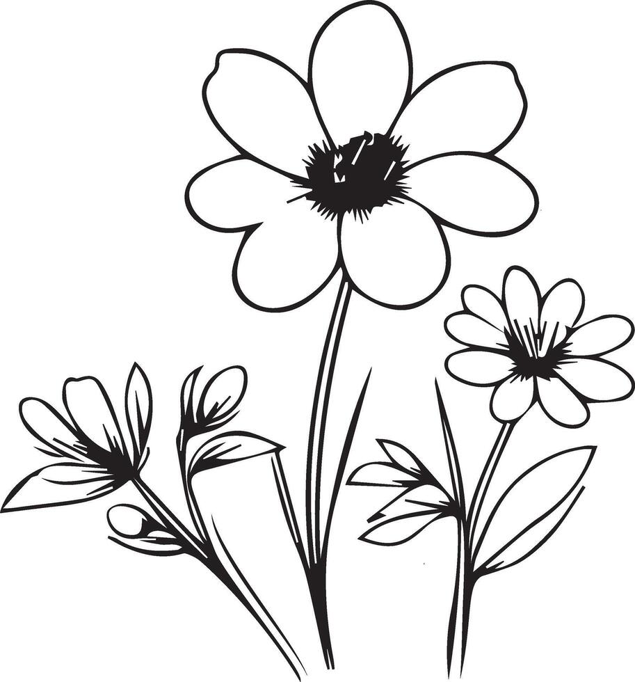 Spring flower coloring book, hand drawn botanical spring elements bouquet of flower line art, coloring page, sketch, artistic simplicity doodle art, Easy white spring flower drawing vector