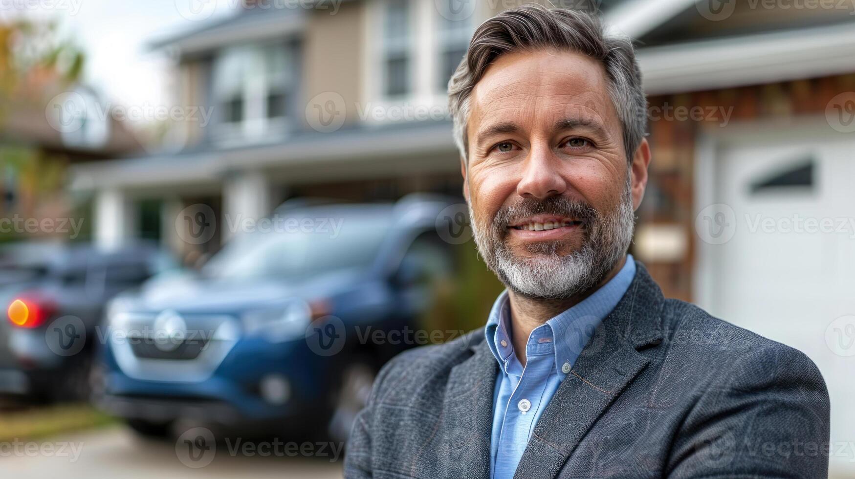 Handsome middle aged man, a confident businessman, standing in front of new house. Portrait of success and happiness, a beginning of real estate investment photo