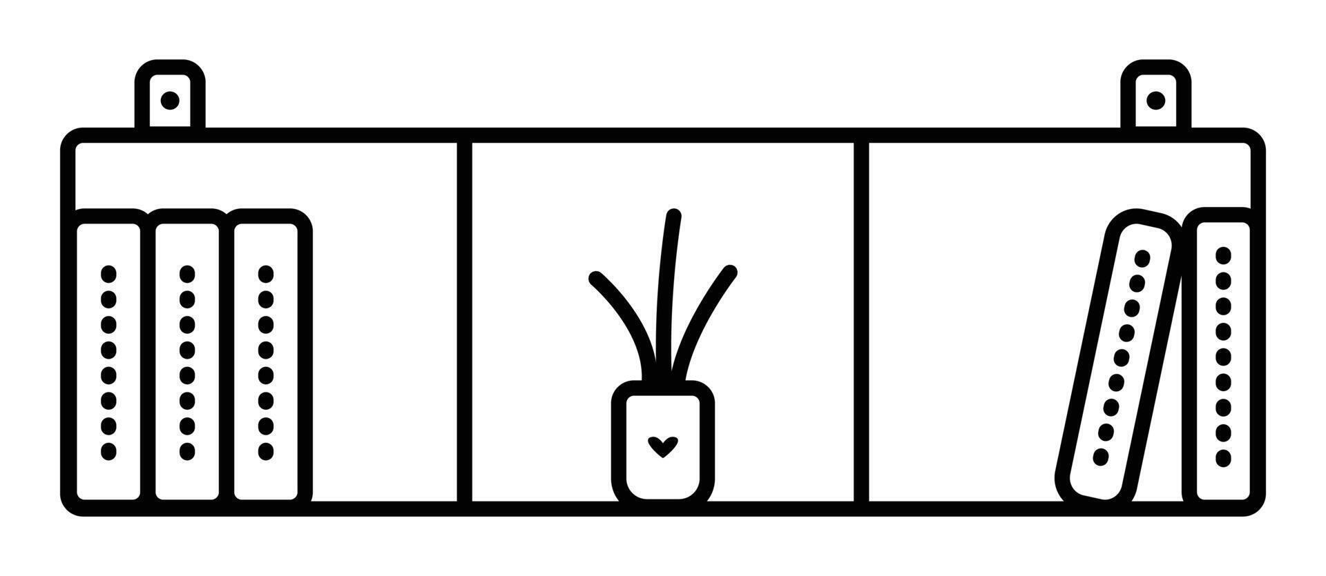 Open wall shelf for books and small interior items, black line illustration, outline monochrome sign, editable stroke vector