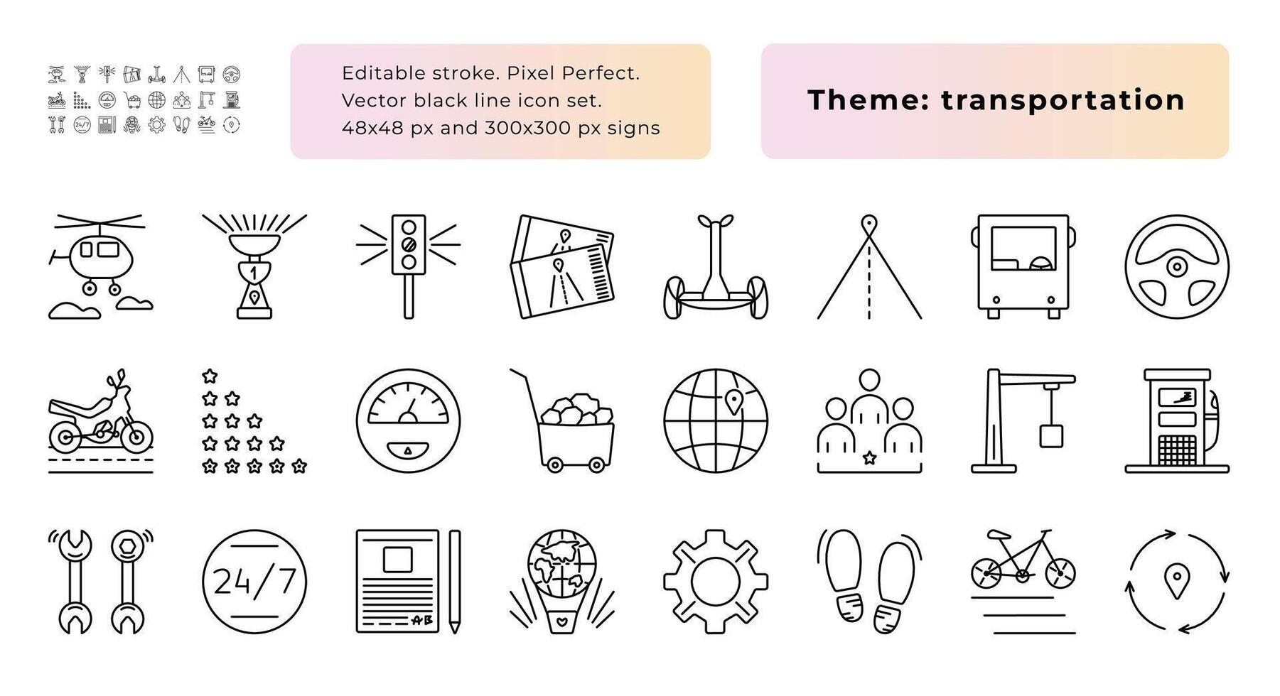 Transportation items, black line icon set, 24 simple signs, 48x48 px and 300x300 px pictograms, editable stroke, pixel perfect vector