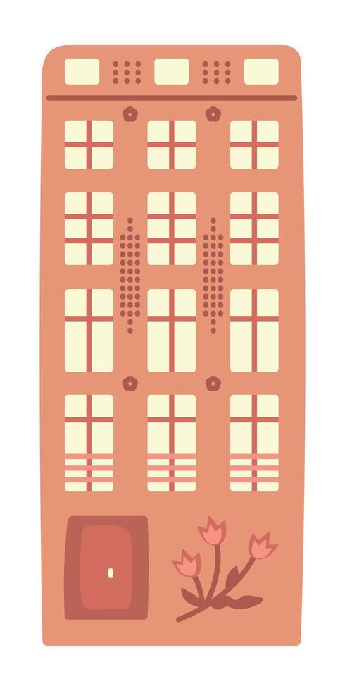 Single Amsterdam orange canal house, typical Dutch architecture. Cute color Netherlands building with tulips, preppy doodle, illustration, author interpretation, experimental art vector