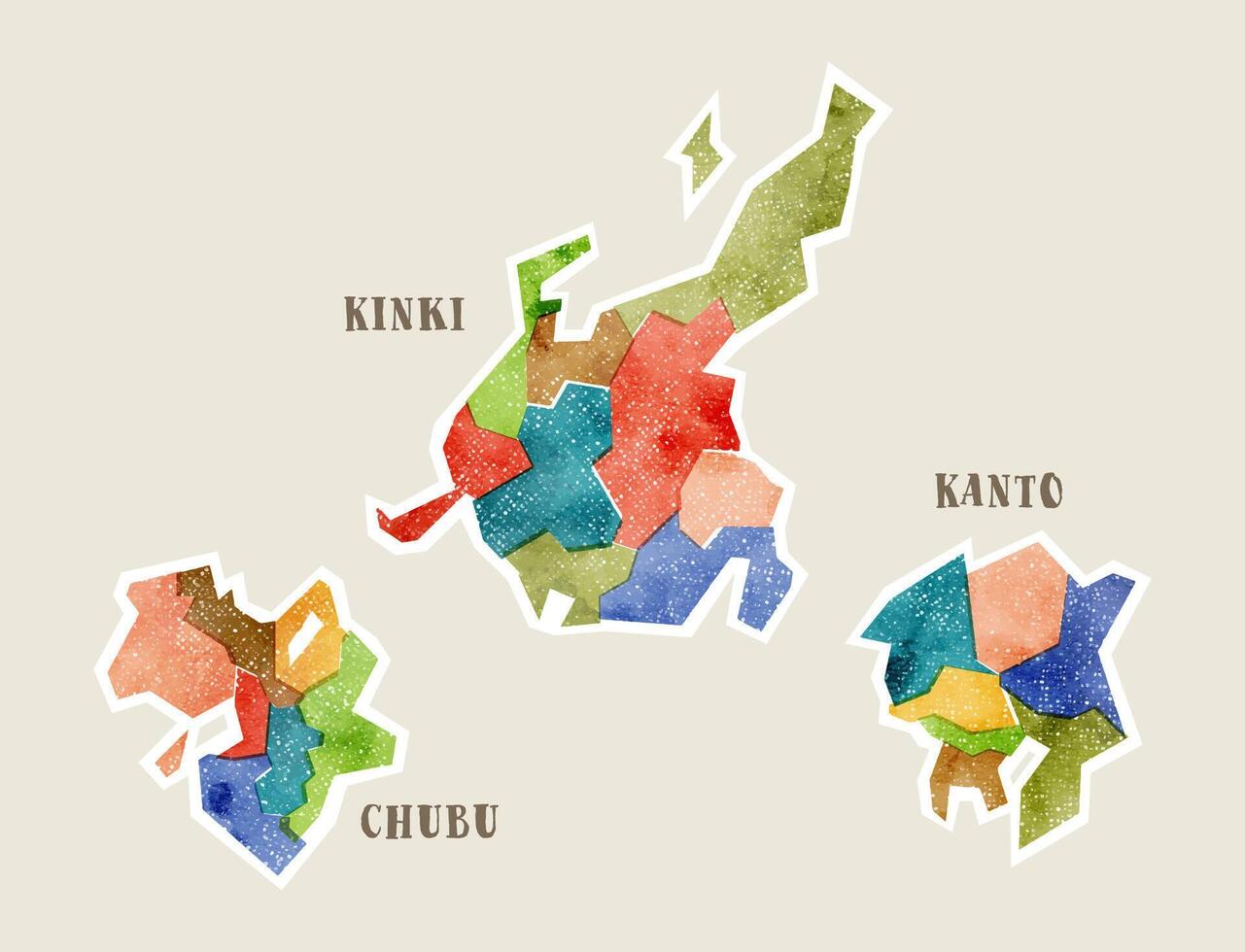 Watercolor map of Japan, Kanto, Chubu, Kinki vector