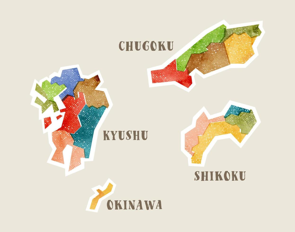 Watercolor map of Japan, Chugoku, Shikoku, Kyushu, Okinawa vector