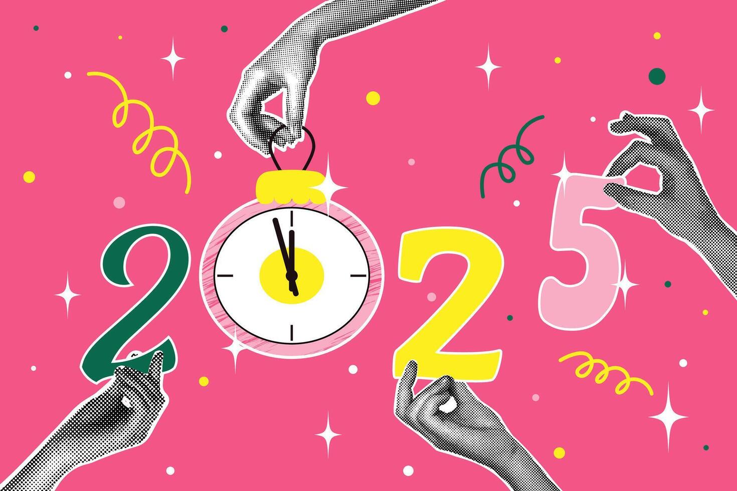 Half-tone collage. 2025 Concept of holiday, fun. Human hands holding numbers of the year, Christmas tree toy with dial. illustration for greeting card, invitation, web banner, social media vector