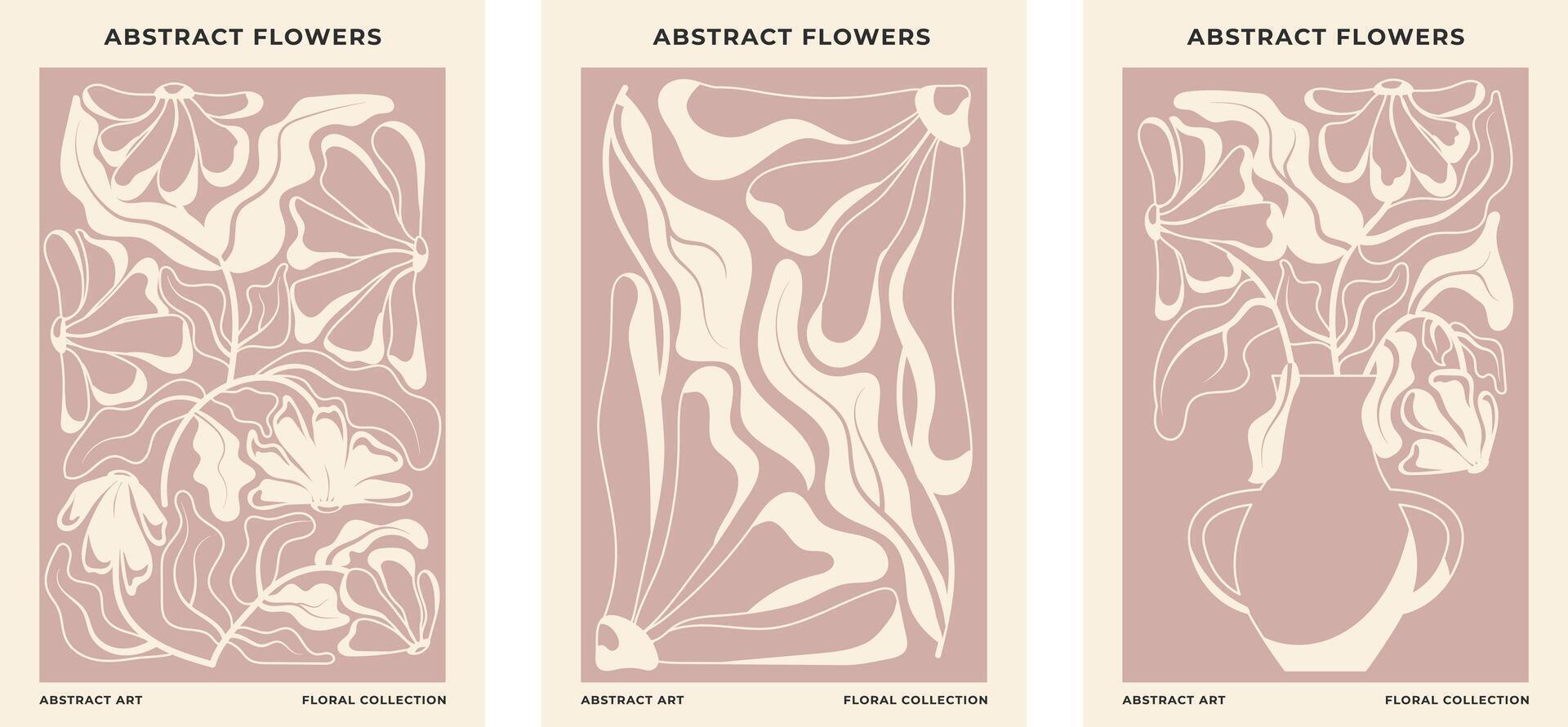 Set of3 abstract floral posters.Floral botanical illustration in one color. Modern poster and background in trendy naive retro hippie 60's 70's retro style. vector