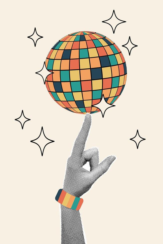 Half-tone collage. Concept of holiday, fun. Human hand disco ball. Disco ball. illustration for greeting card, invitation, web banner, social media banner, marketing material. vector
