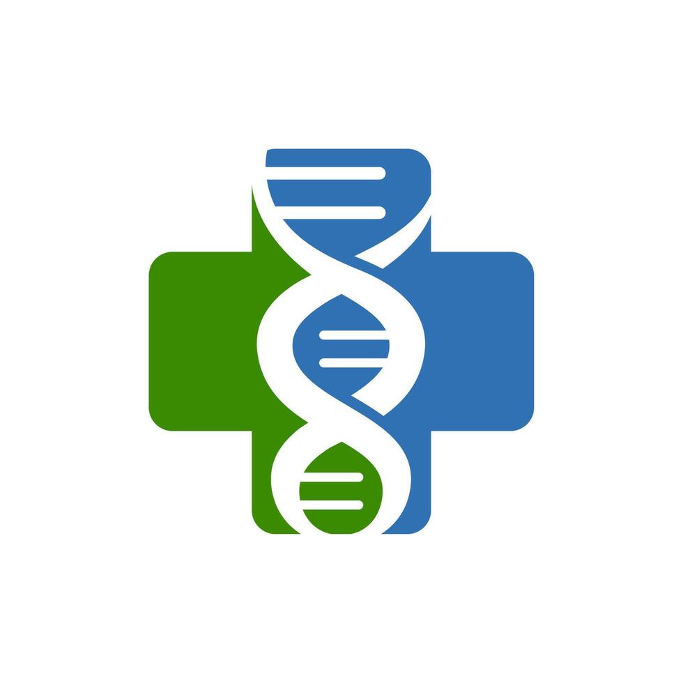 Medical cross and DNA logo with a blue and green substance. Perfect for medical, educational materials, science blog posts, or laboratory related designs and presentations. vector