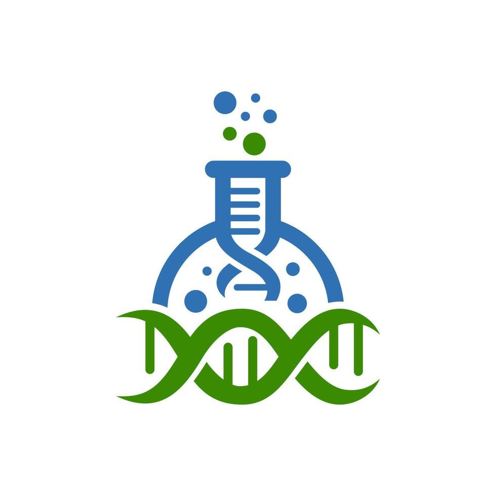 Science beaker and DNA logo with a blue and green substance. Perfect for educational materials, science blog posts, or laboratory related designs and presentations. vector