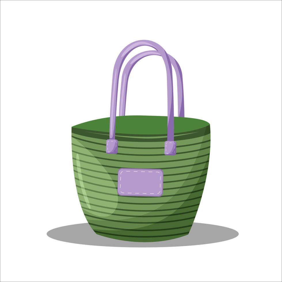 Green shopping bag isolated on white background. Beach bag. Beach fashion and accessories. Summer, holadays. vector