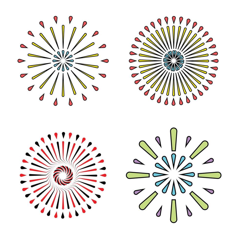 Set of isolated festive fireworks or sunburst, sparkle, firecracker element vector