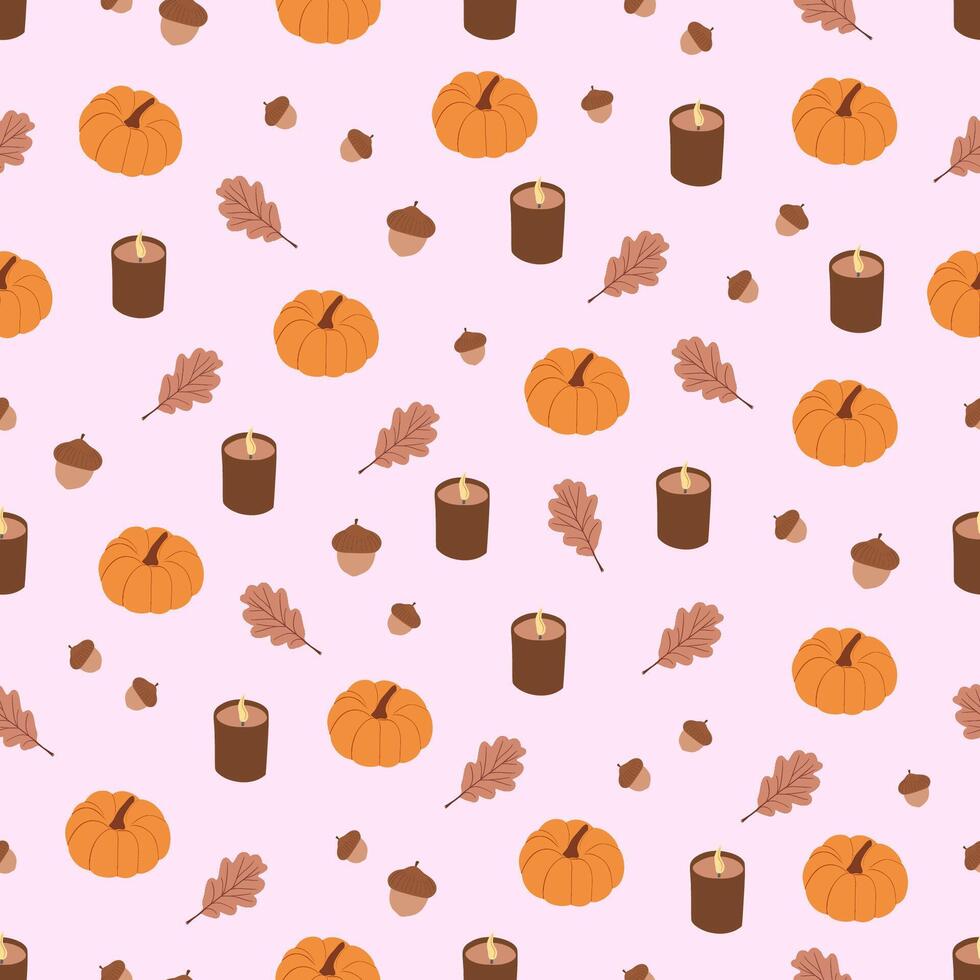 Autumn seamless pattern with pumpkin, leaves, acorn, candle. Cozy elements. Fall season. Hand drawn design on pink background vector