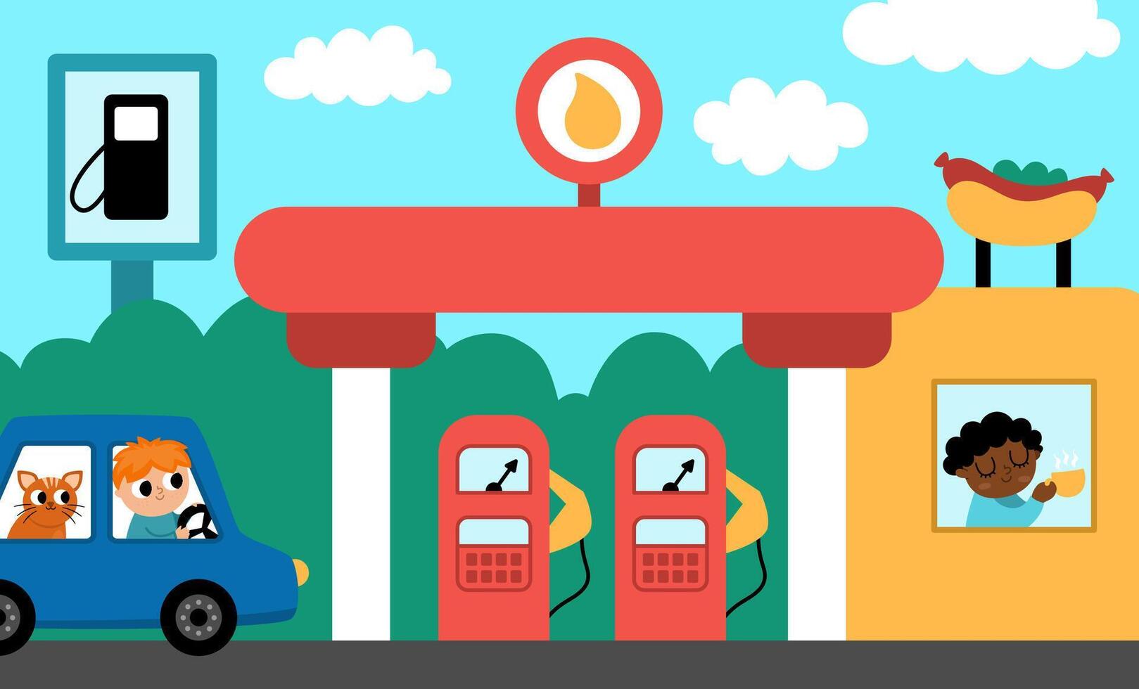horizontal scene with boy driving a car with cat arriving to gas station with cafe. Transportation illustration. Cute kid steering transport. Road landscape. Cartoon child on automobile vector