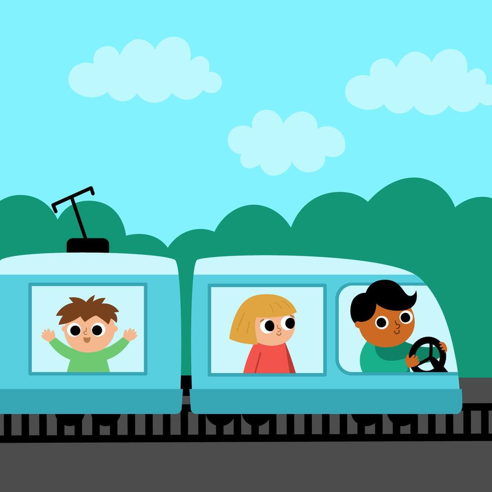 square scene with man driving train and passengers. City or country transportation illustration. Cute kid driving transport. Railroad vehicle landscape. Cartoon child on railway commuter engine vector