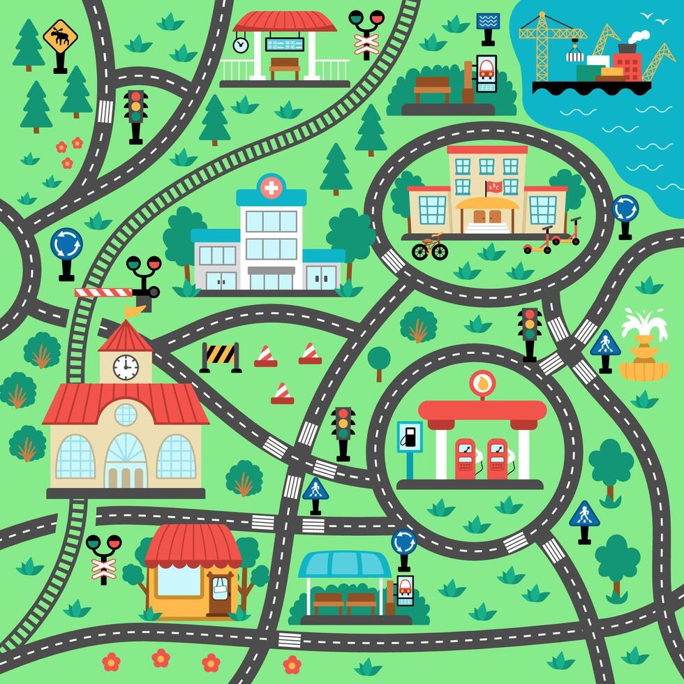 City transport map. Square shaped background with railway, roads, traffic signs for kids. road trip playing mat for kids. Urban plan with school, railway station, bus stop, gas station, cafe, hospital vector