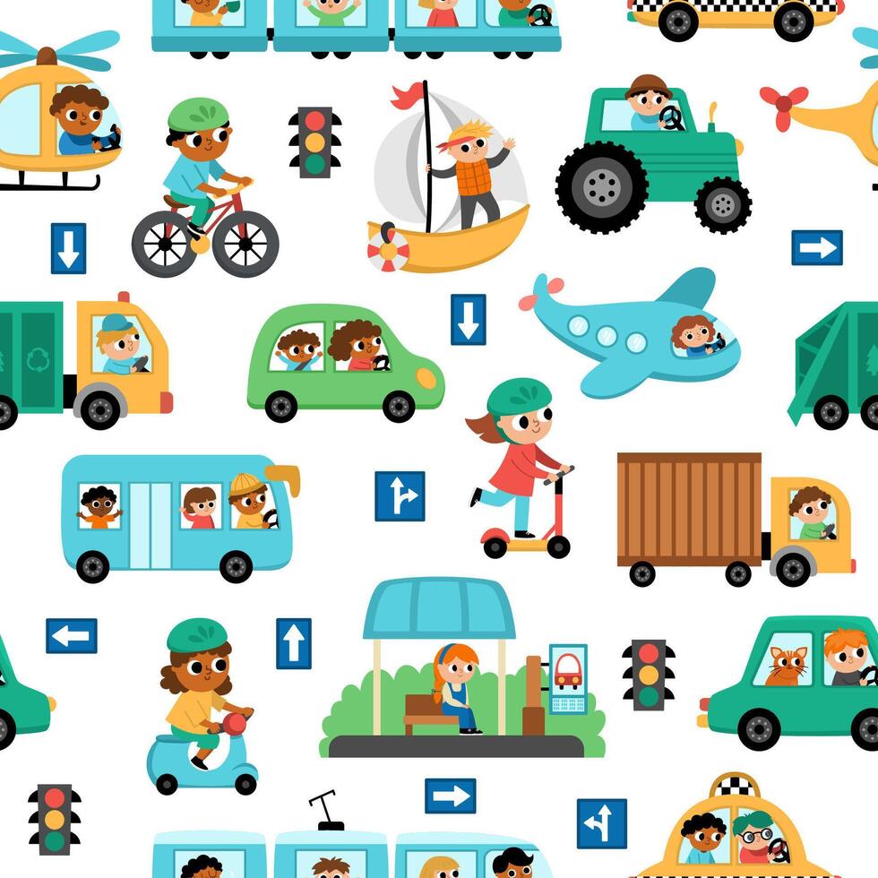 transportation seamless pattern with children. Funny water, land, air transport repeat background with drivers for kids. Cars and vehicles texture with train, truck, bus, plane vector