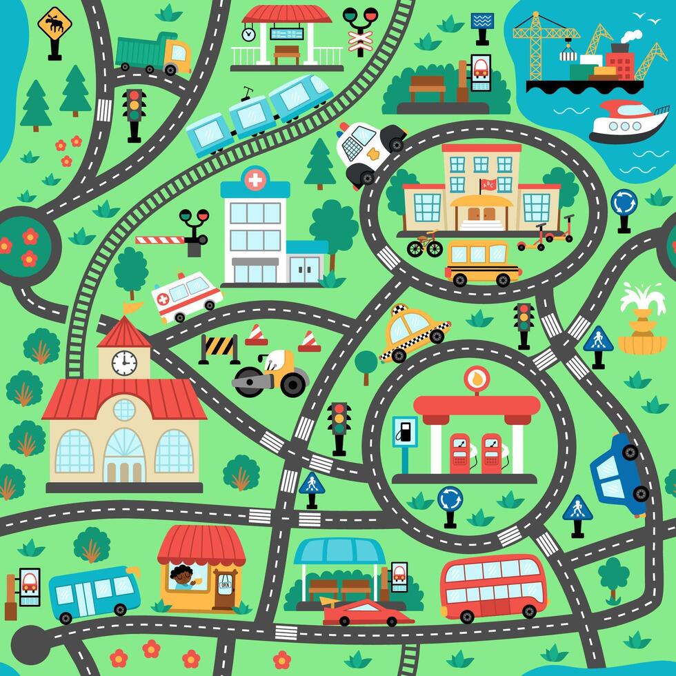 City transport map seamless pattern. Repeating background with railway, roads, traffic signs for kids. texture with train, cars, tram, truck. Urban plan with airport, seaport, bus stop, gas station vector
