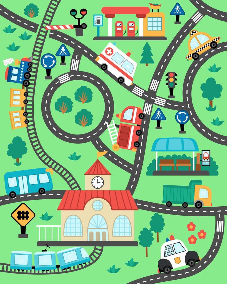 City transport map. Background with railway, roads, traffic signs for kids. infographic elements with train, cars, truck, bus. Urban plan with bus stop, gas station, cafe, railroad station vector