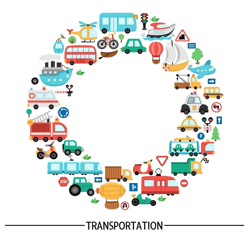 transportation round frame with bus, car, boat, truck. Card template design with wreath of different kinds of transport for banners. Cute road way illustration with bike, plane, train vector