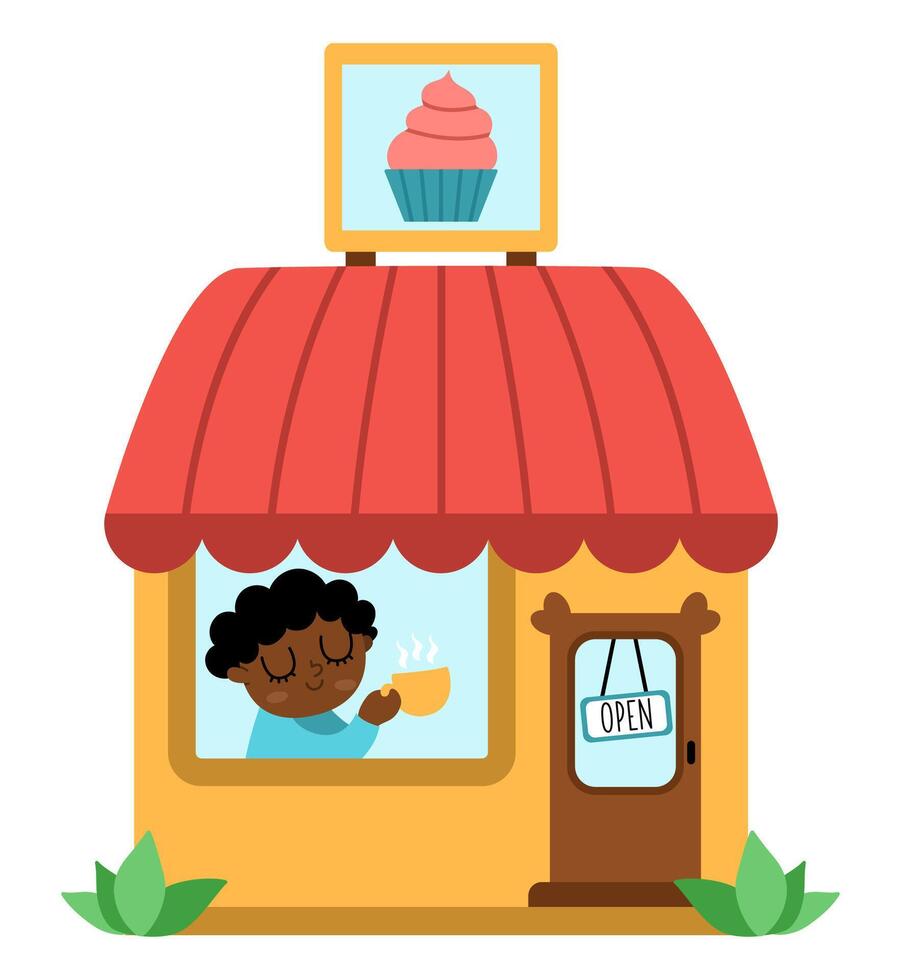 cozy cafe with man drinking tea isolated on white background. Small coffee house illustration. Cute kiosk with pastry and cakes vector