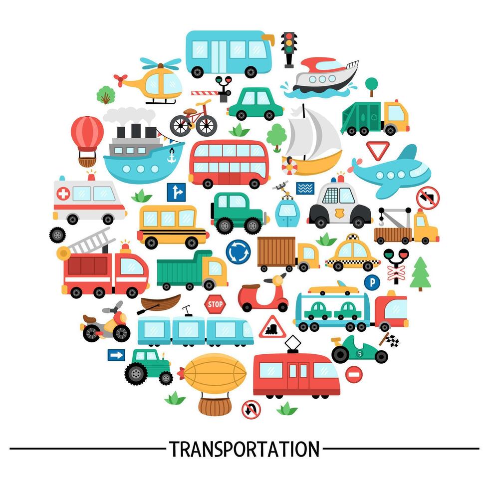 transportation round frame with bus, car, boat, truck. Card template design with different kinds of transport for banners, invitations. Cute road way illustration with bike, plane, signs, train vector