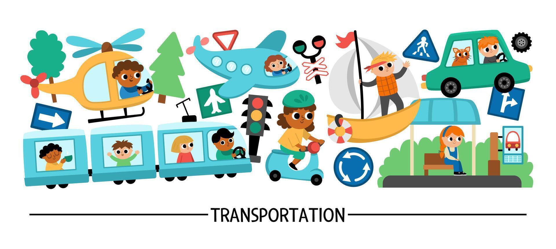 transportation horizontal set with different kinds of transport and cute kids drivers. Road trip card template, frame design for banners. Cute illustration with bus, car, plane, train vector