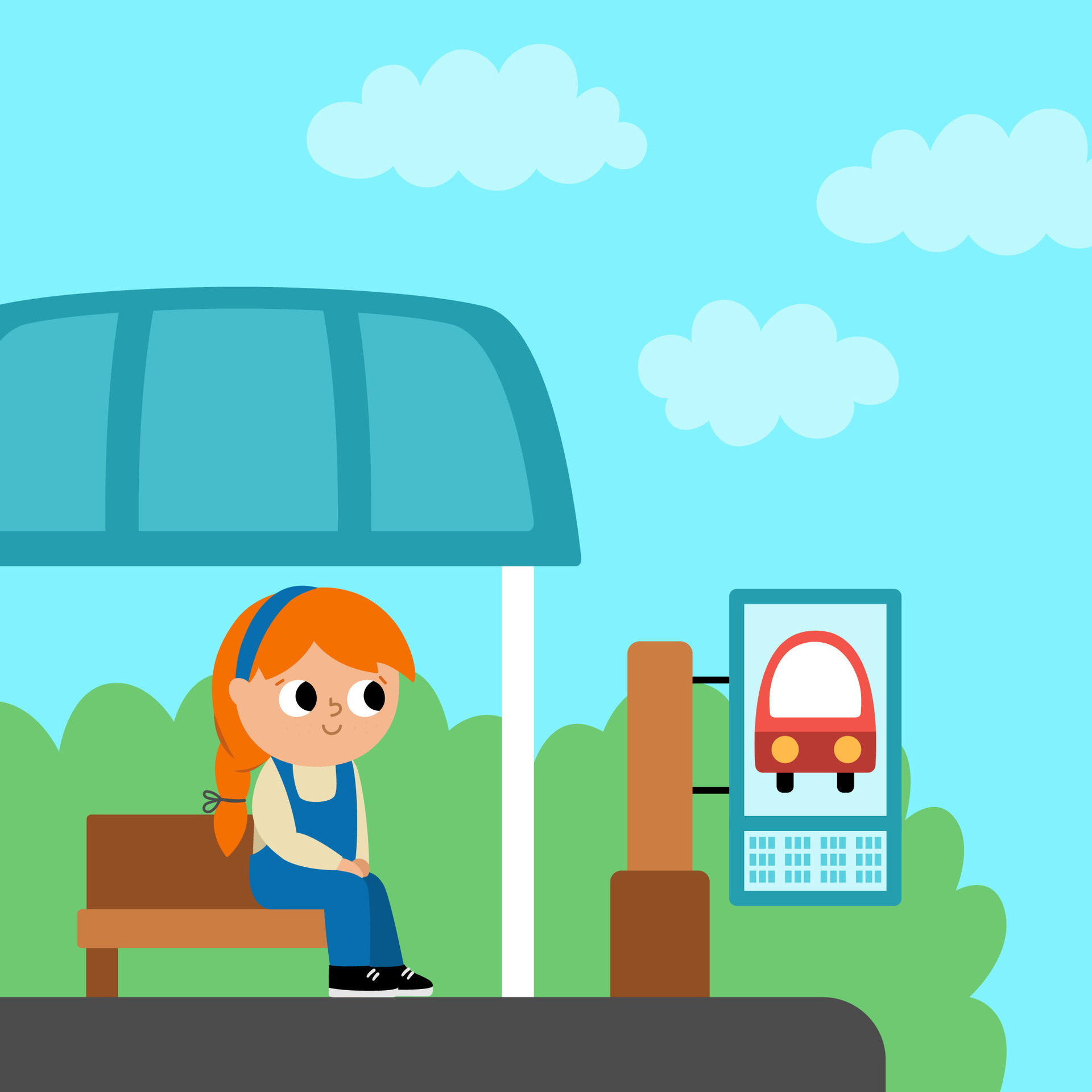 square scene with girl sitting on a bus stop. Transportation illustration. Cute kid waiting for