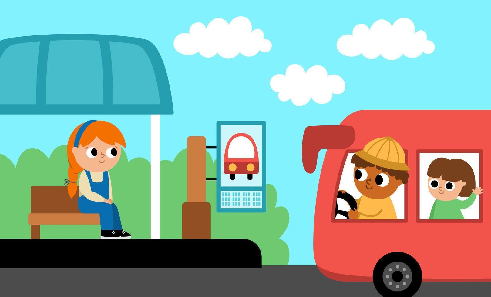 horizontal scene with girl sitting on a stop and arriving bus with driver, passengers. Transportation illustration. Cute kid waiting for public transport. Cartoon child on station vector