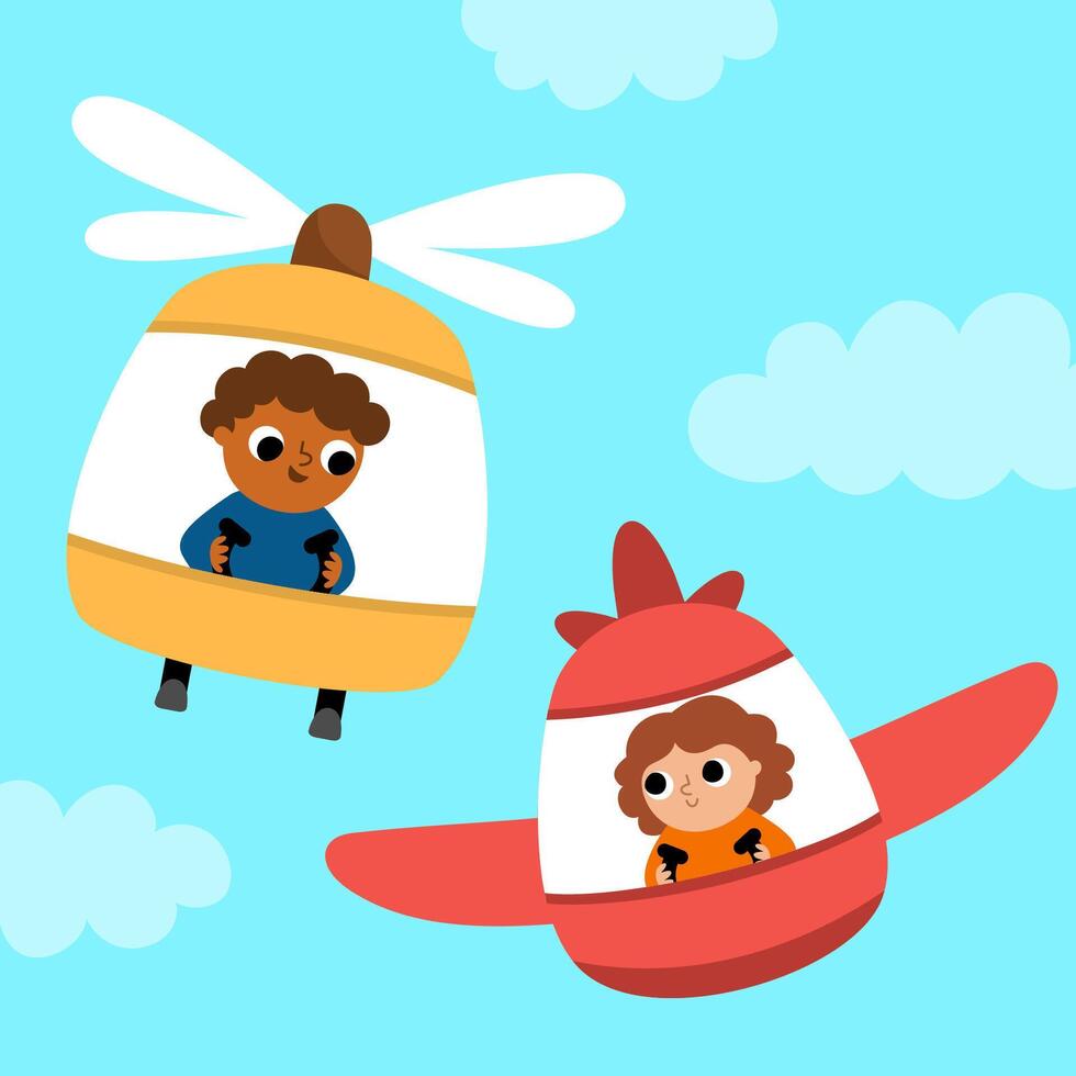 square scene with girl and boy flying airplane and helicopter. Transportation front view illustration. Cute kids driving transport. Air vehicle landscape. Cartoon children on a plane vector