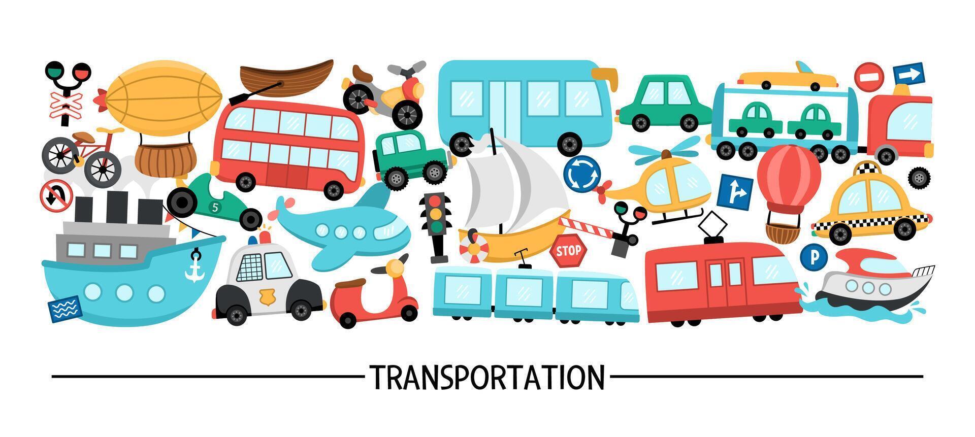 transportation horizontal set with different kinds of transport. Road trip card template or frame design for banners, invitations. Cute illustration with bus, car, boat, truck, bike, plane, train vector