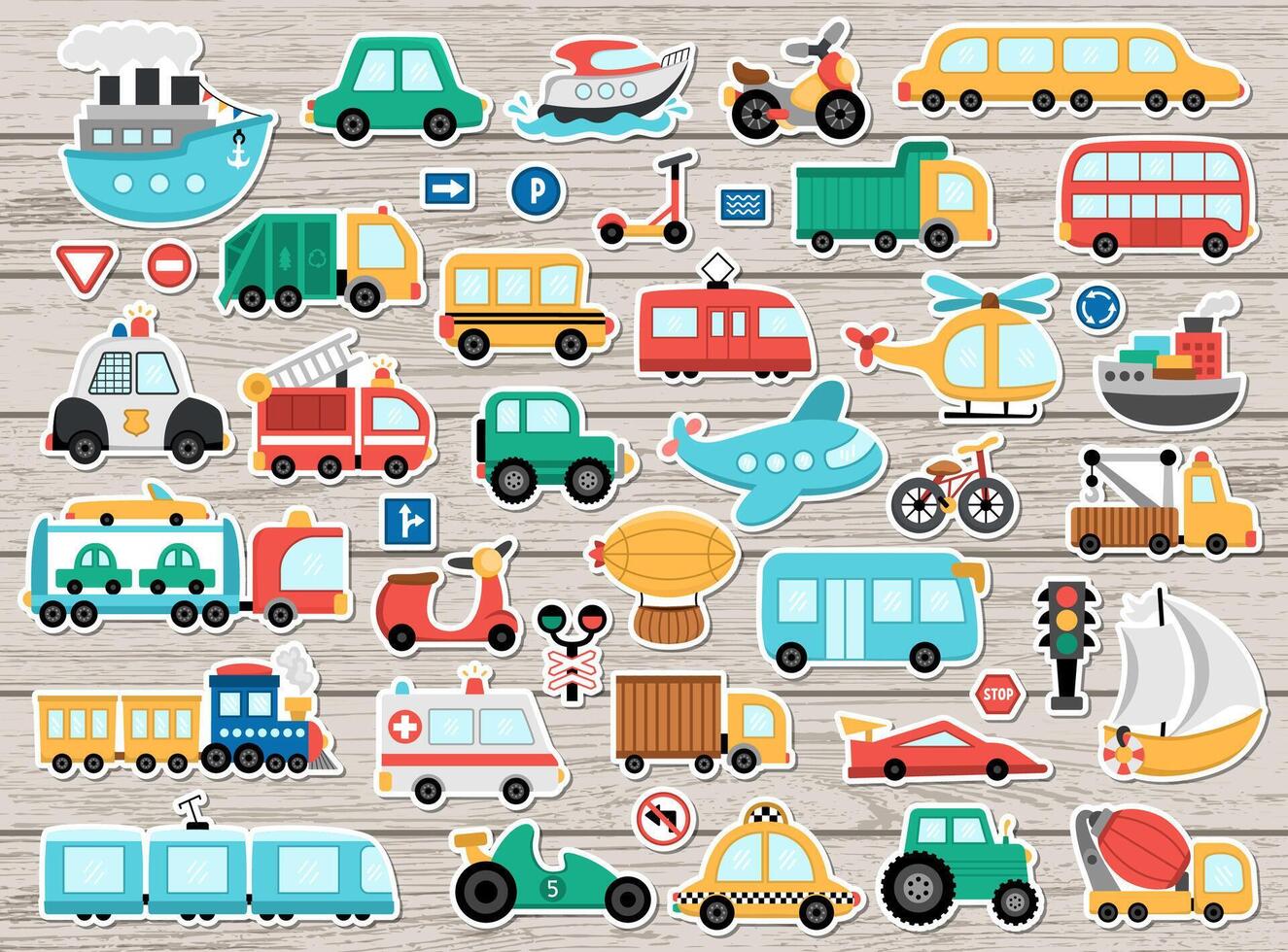 Big transportation stickers set. Transport patch icons collection with funny bus, car, boat, truck. Cute cartoon road way illustrations on wooden background with scooter, plane, signs, train vector