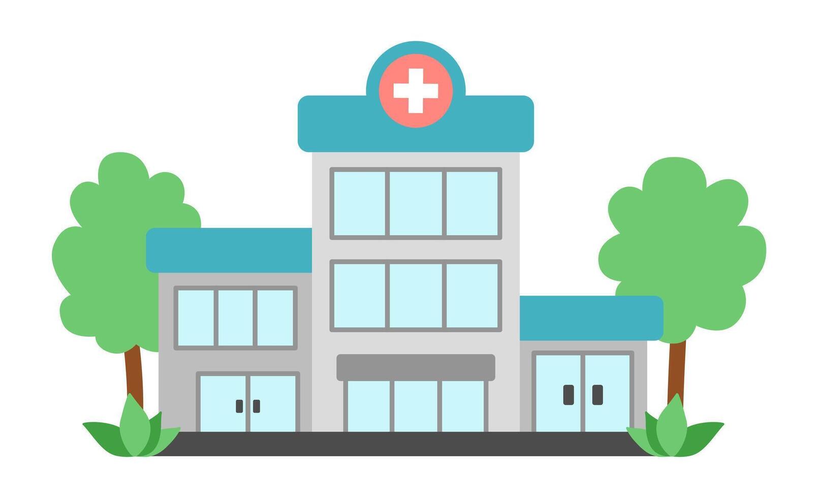 hospital building icon with trees isolated on white background. Medical clinic flat illustration. Health care concept vector