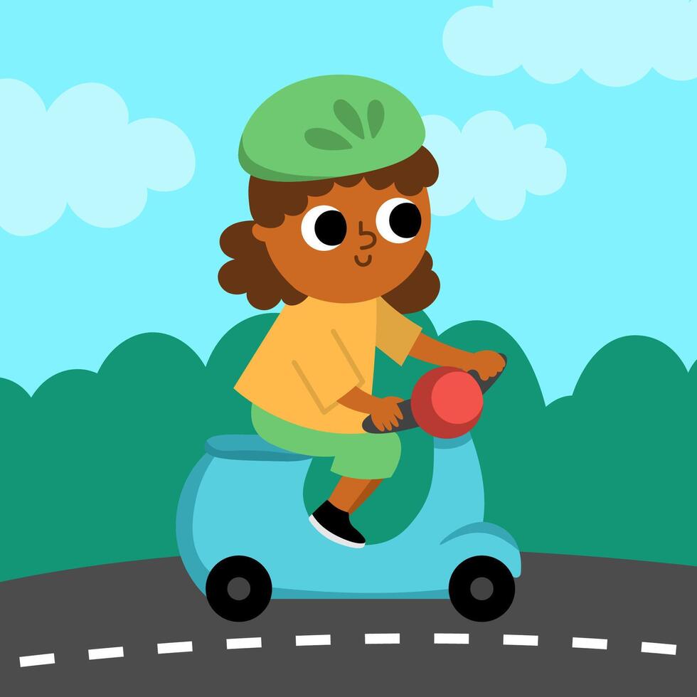 square scene with girl riding a scooter in helmet. Transportation illustration. Cute kid driving transport. Road landscape. Cartoon child on a bike vector