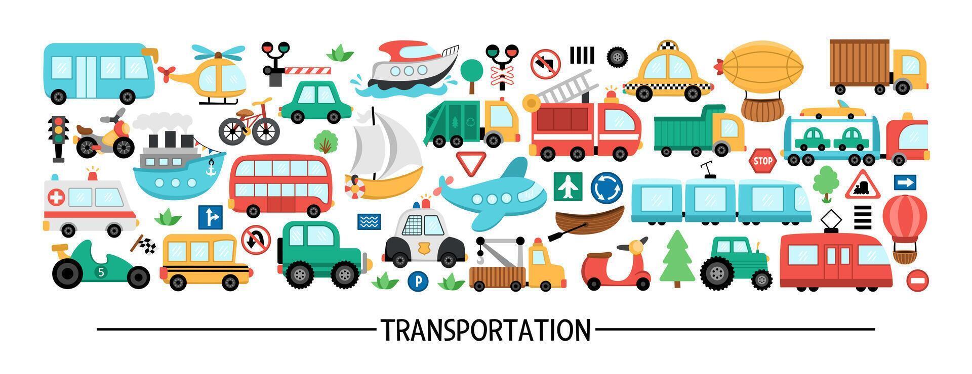 transportation horizontal set with different kinds of transport. Road trip card template or frame design for banners, invitations. Cute illustration with bus, car, boat, truck, bike, plane, train vector