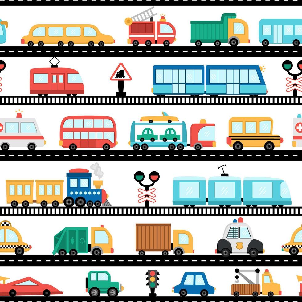 transportation seamless pattern. Funny transport repeat background for kids with horizontal road and railroad. Digital paper with cars and vehicles. Cute texture with train, truck, metro vector