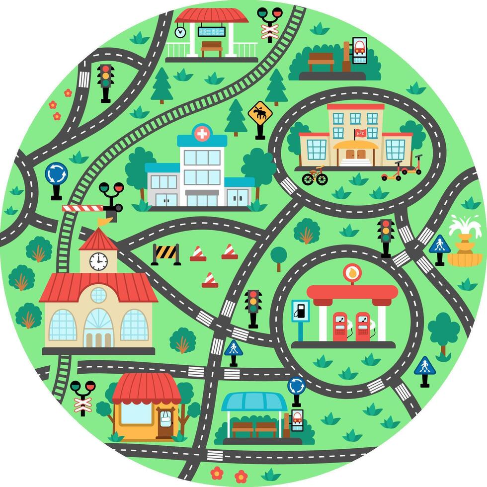 City transport map. Round shaped background with railway, roads, traffic signs for kids. road trip playing mat for kids. Urban plan with school, railway station, bus stop, gas station, cafe, hospital vector