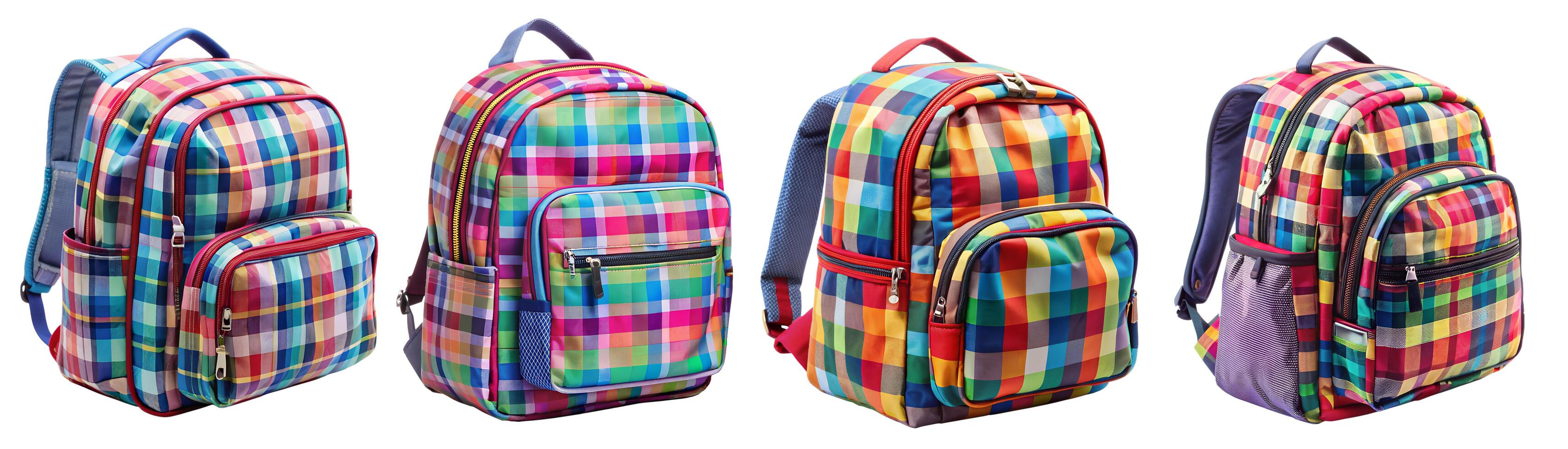 Set of brightly colored backpacks on a white background. photo