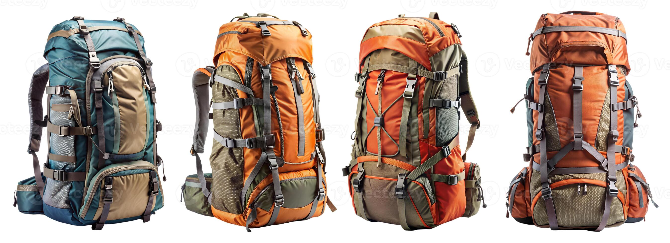 Set of touristic backpacks on a white background. photo