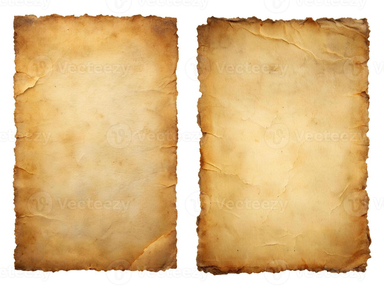 Set of two aged, worn and soiled paper scraps isolated on a white background. photo