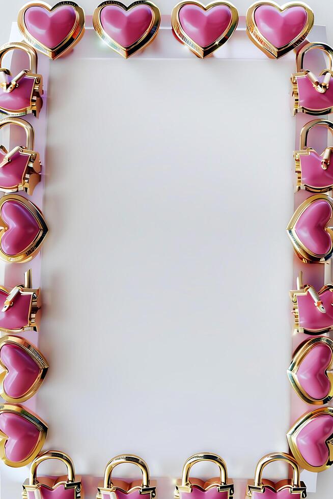 a frame with pink hearts and gold locks. Generated AI photo