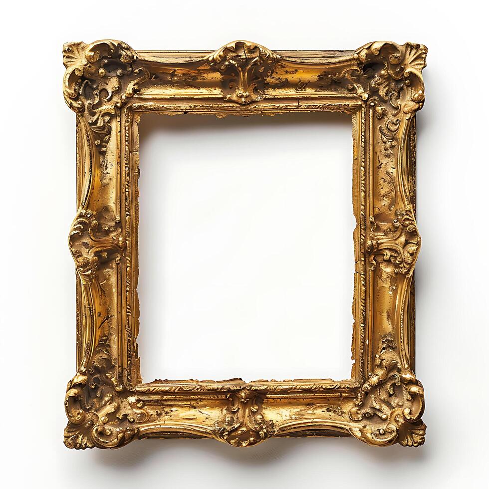 Free empty gold ornate picture frame with white background. Generated AI photo