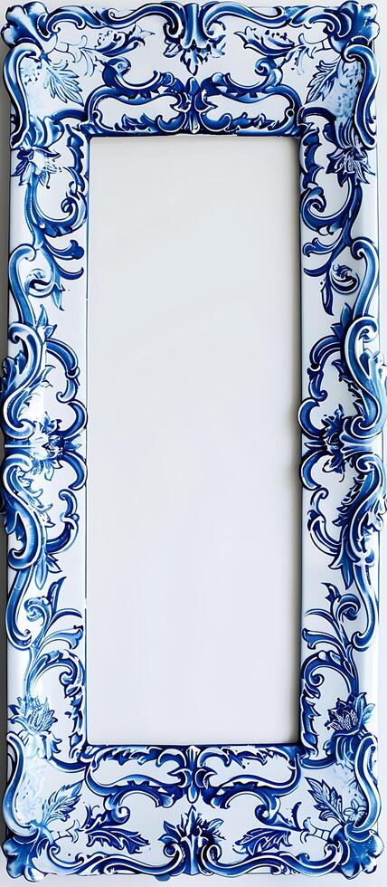 A free blue and white picture frame with a white background. generated ai photo