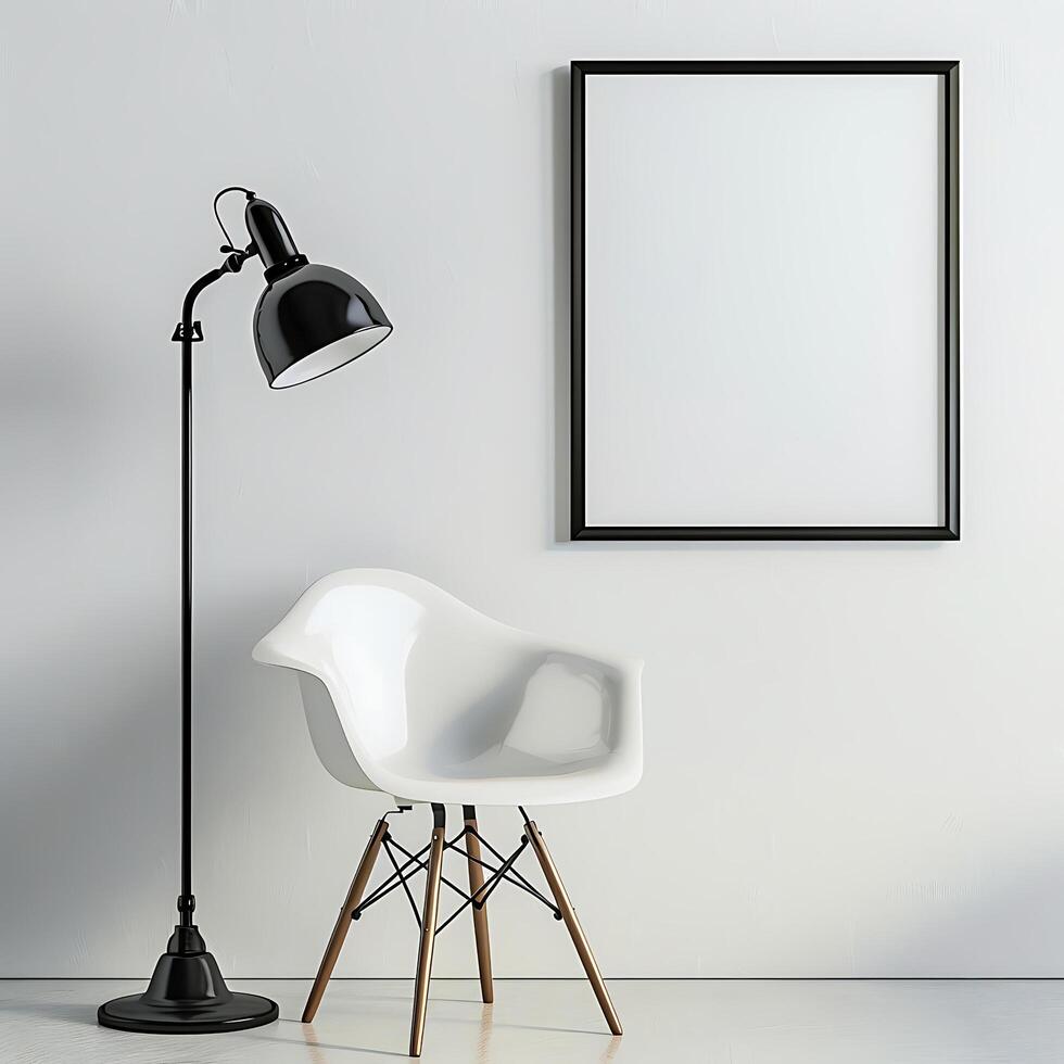 a white chair and a lamp in front of a blank wall. Generated AI photo