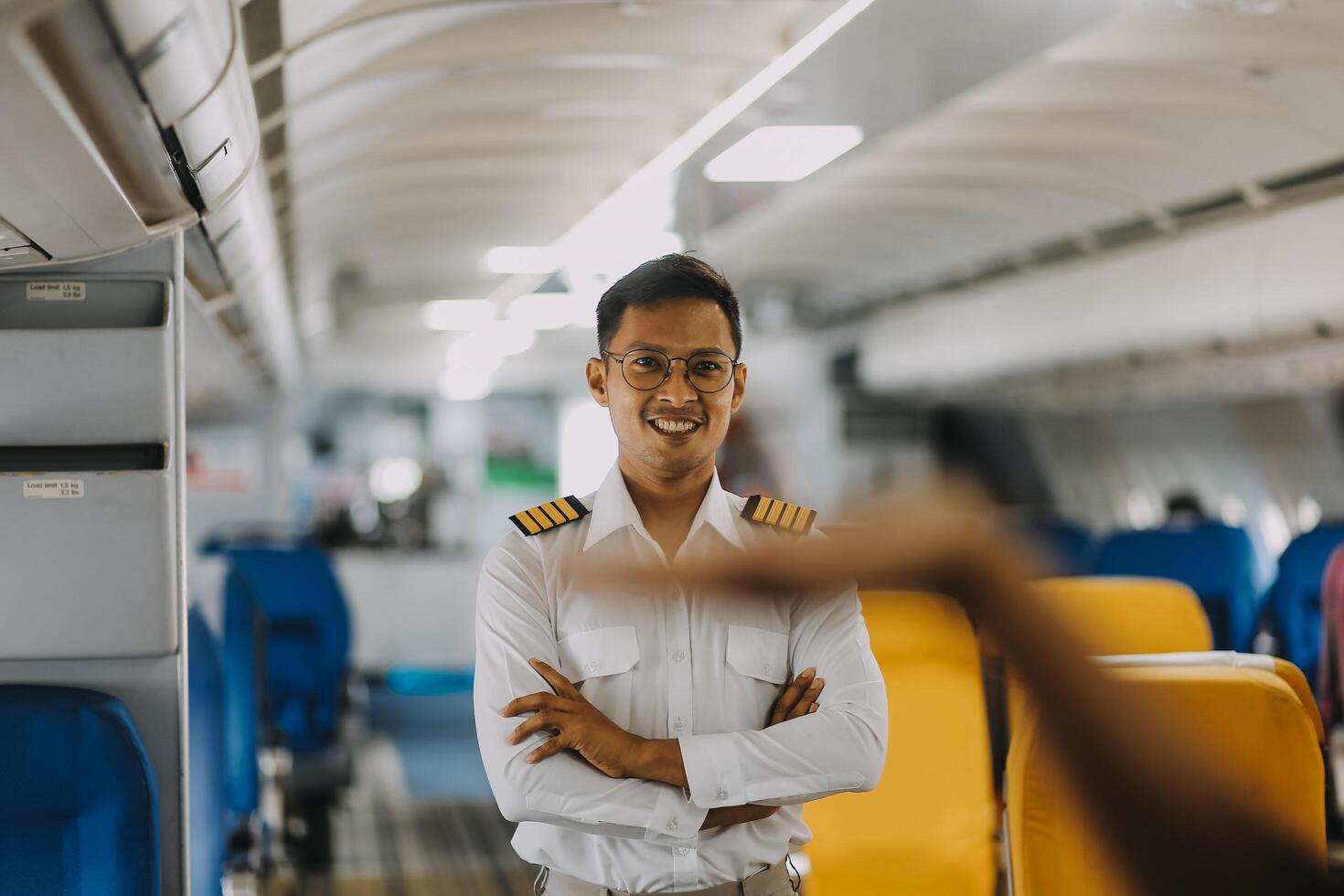 Portrait of a trained airplane captain in uniform preparing to fly in a simulator cockpit. photo